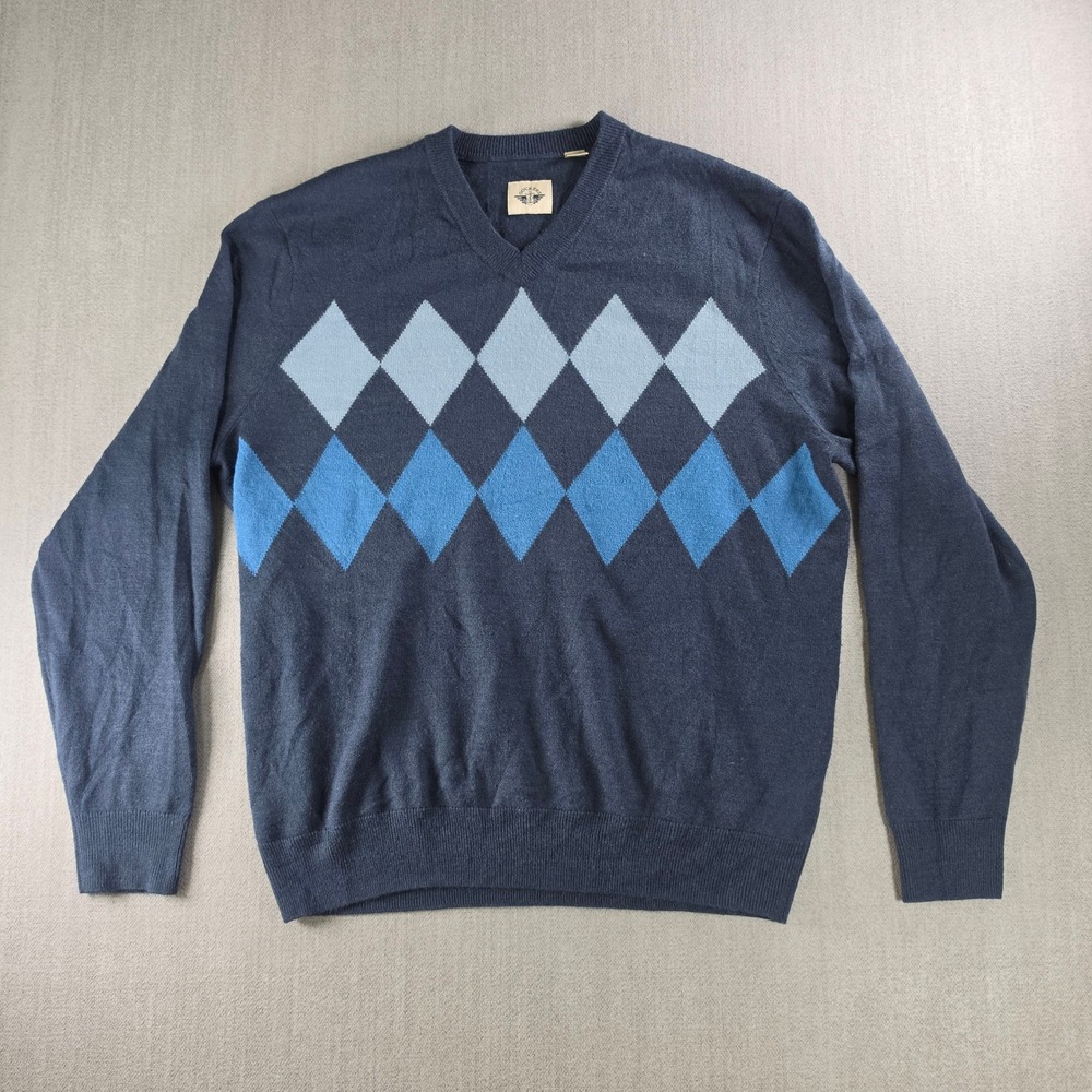 Dockers Sweater Mens Large Blue Argyle V-Neck Long Sleeve Knit Pullover